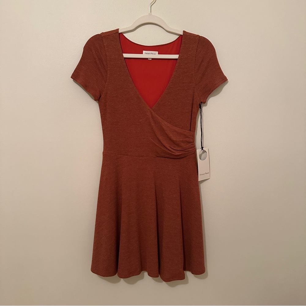 Privacy Please A-Line Dress with faux wrap front, Size Small, NWT, Rust color